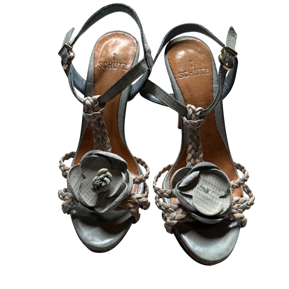 Schutz Women's Braided Leather Floral Platform Heels Cork Sandals Blue US‎ 5
